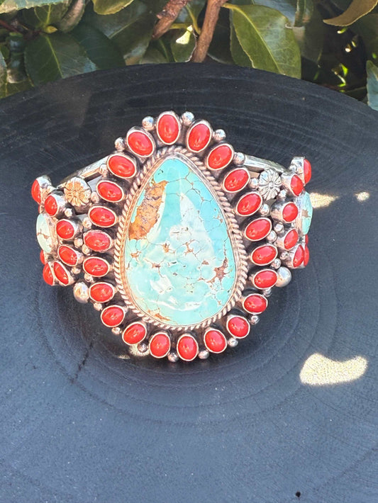 Tyler Brown cuff bracelet with Number Eight turquoise and Mediterranean coral stones in silver setting