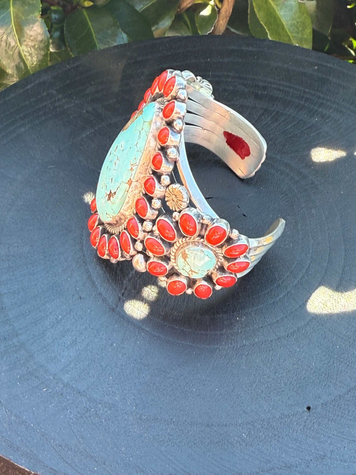 Tyler Brown cuff in Number eight Turquoise and  Mediterranean coral