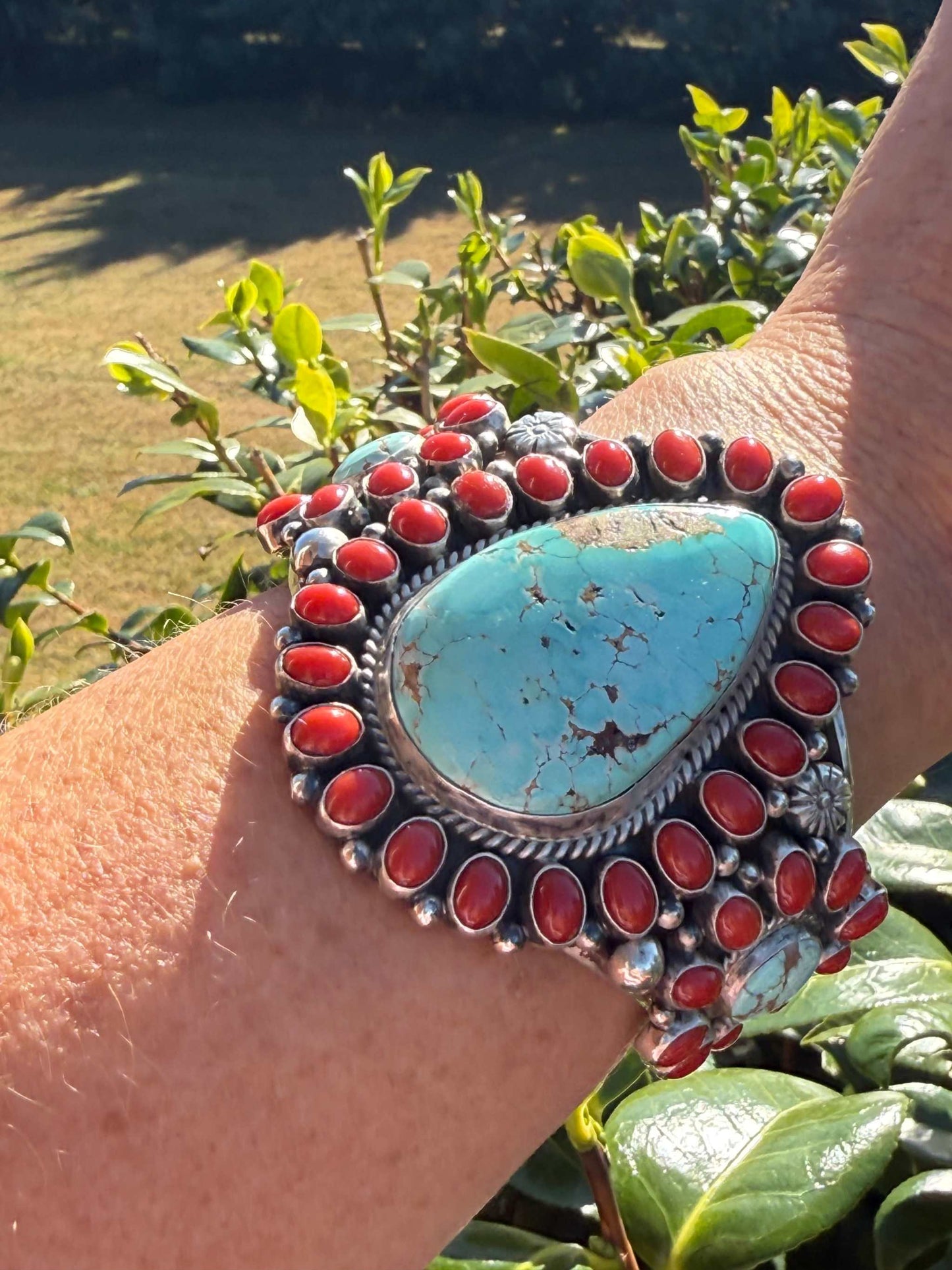 Tyler Brown cuff in Number eight Turquoise and  Mediterranean coral