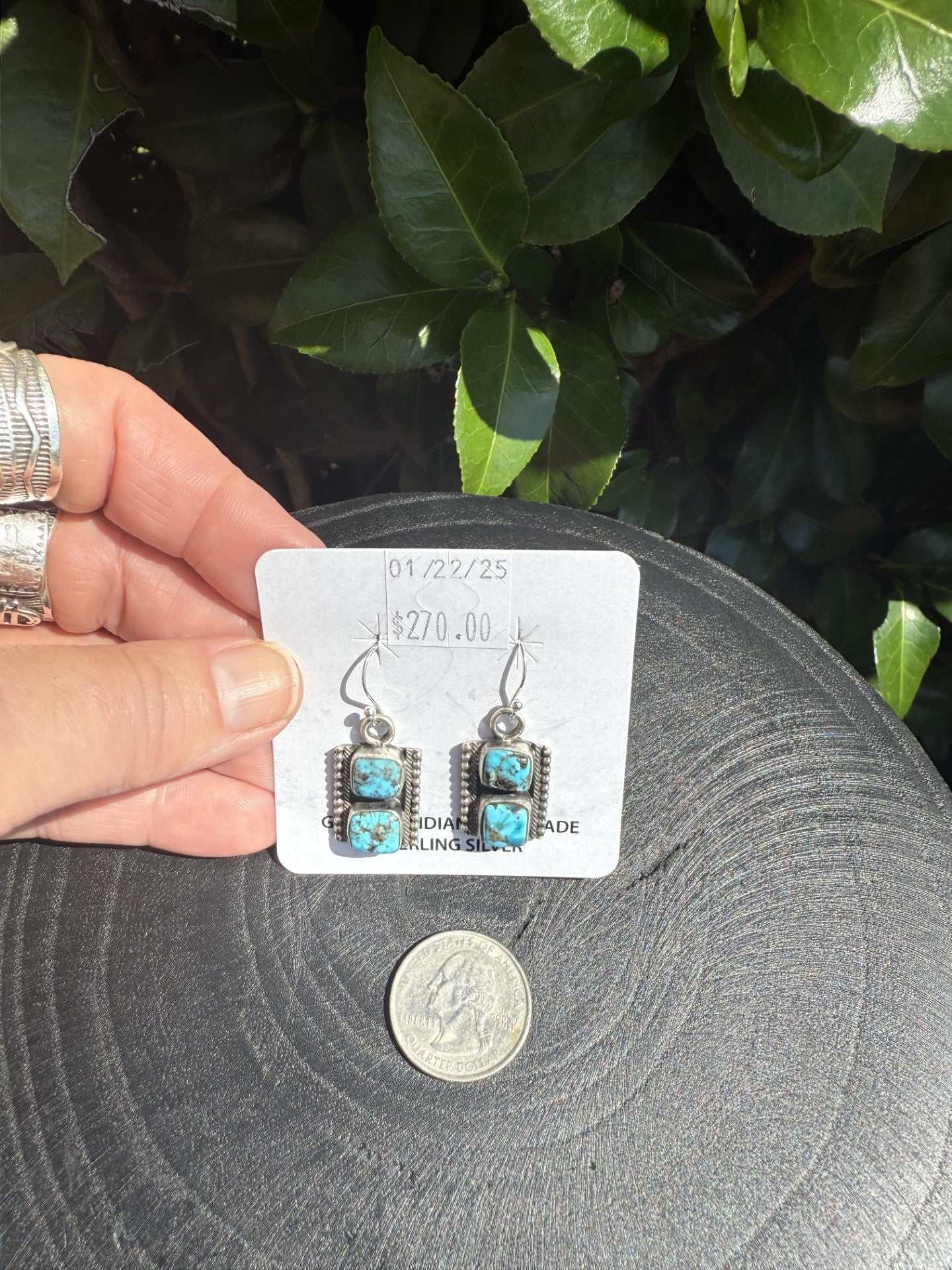 Kingman Turquoise dangle earrings with blue stones and dark matrix, handcrafted Navajo sterling silver jewelry