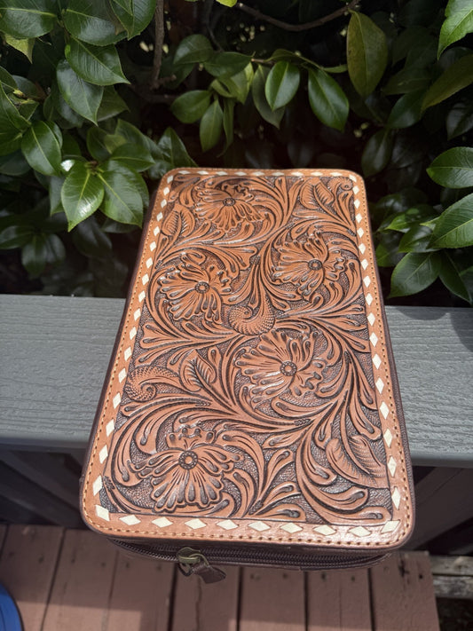 Necklace Case Travel-Storage Book with tooled leather for jewelry storage and travel