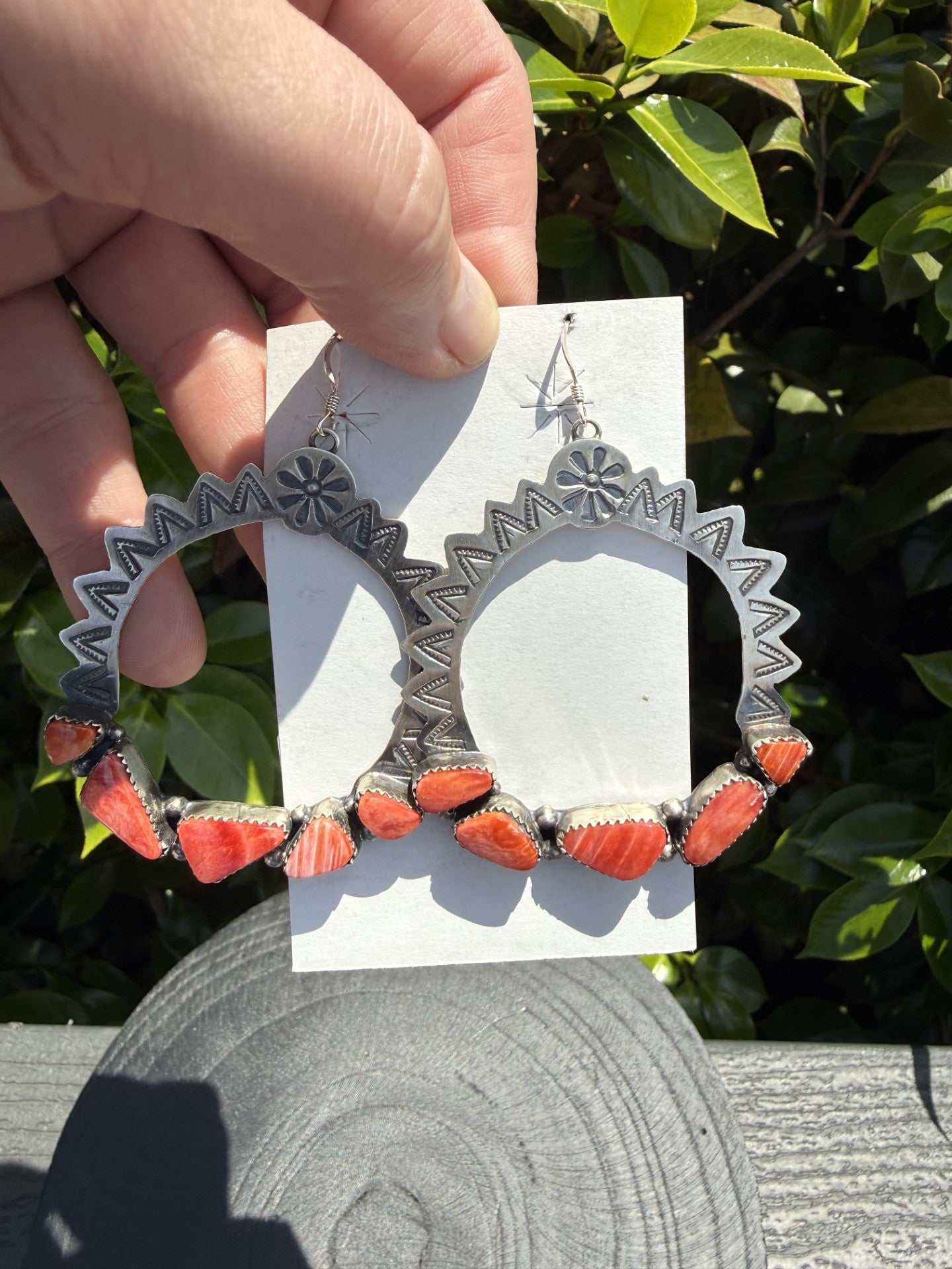 Hand Samped Orange Spiny Earrings sterling silver Navajo jewelry by A. Spencer