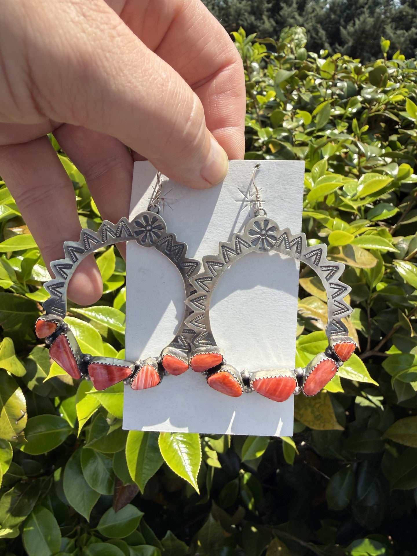 Hand Samped Orange Spiny Earrings sterling silver Navajo jewelry by A. Spencer