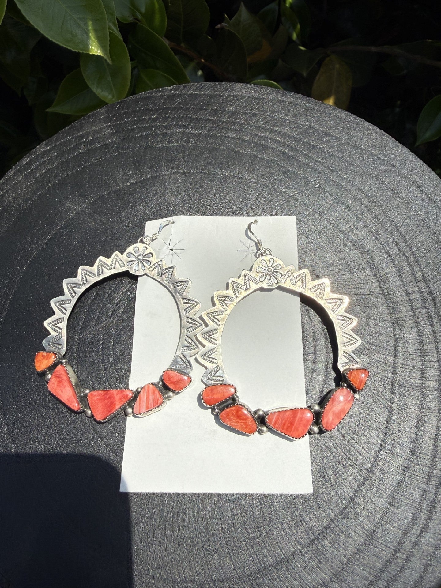 Hand Samped Orange Spiny Earrings sterling silver Navajo jewelry by A. Spencer