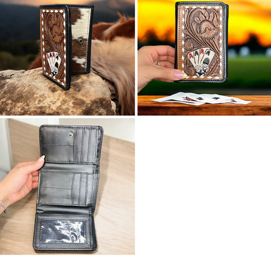 Poker cowhide hand-tooled wallet with card slots and sleek design.