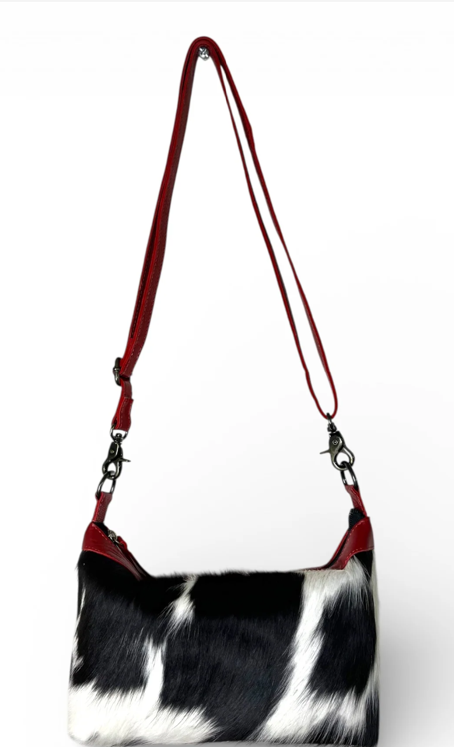 Red leather and cowhide purse with metal handle and natural cowhide pattern