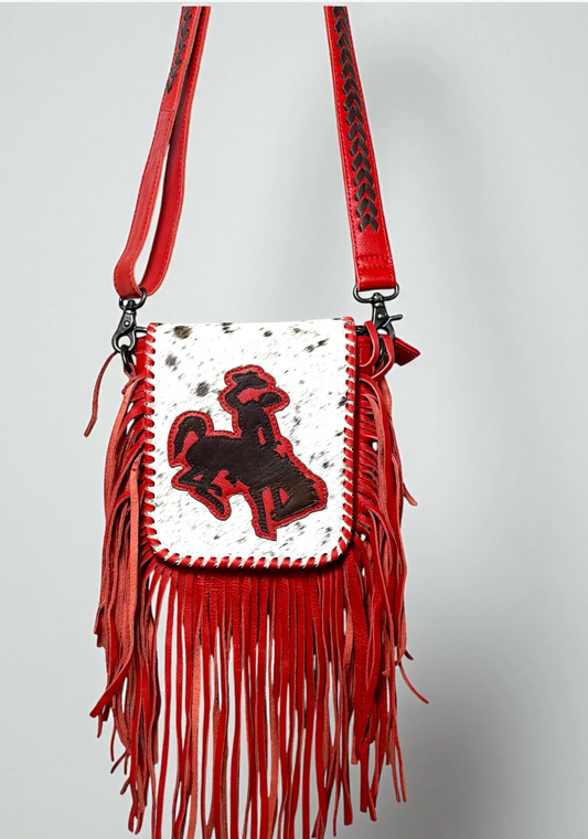 Red bucking fringe genuine leather crossbody bag with adjustable strap and handcrafted Western style