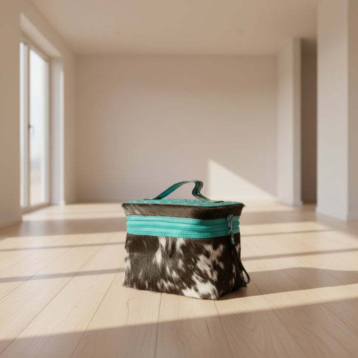 Turquoise tooled leather and cowhide makeup box with western design and unique patterns