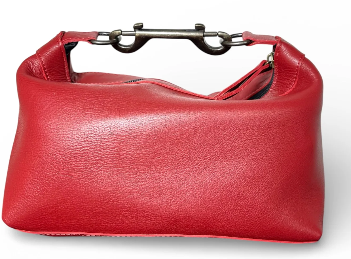 Red leather and cowhide purse with metal handle and natural patterns, handcrafted Western style handbag