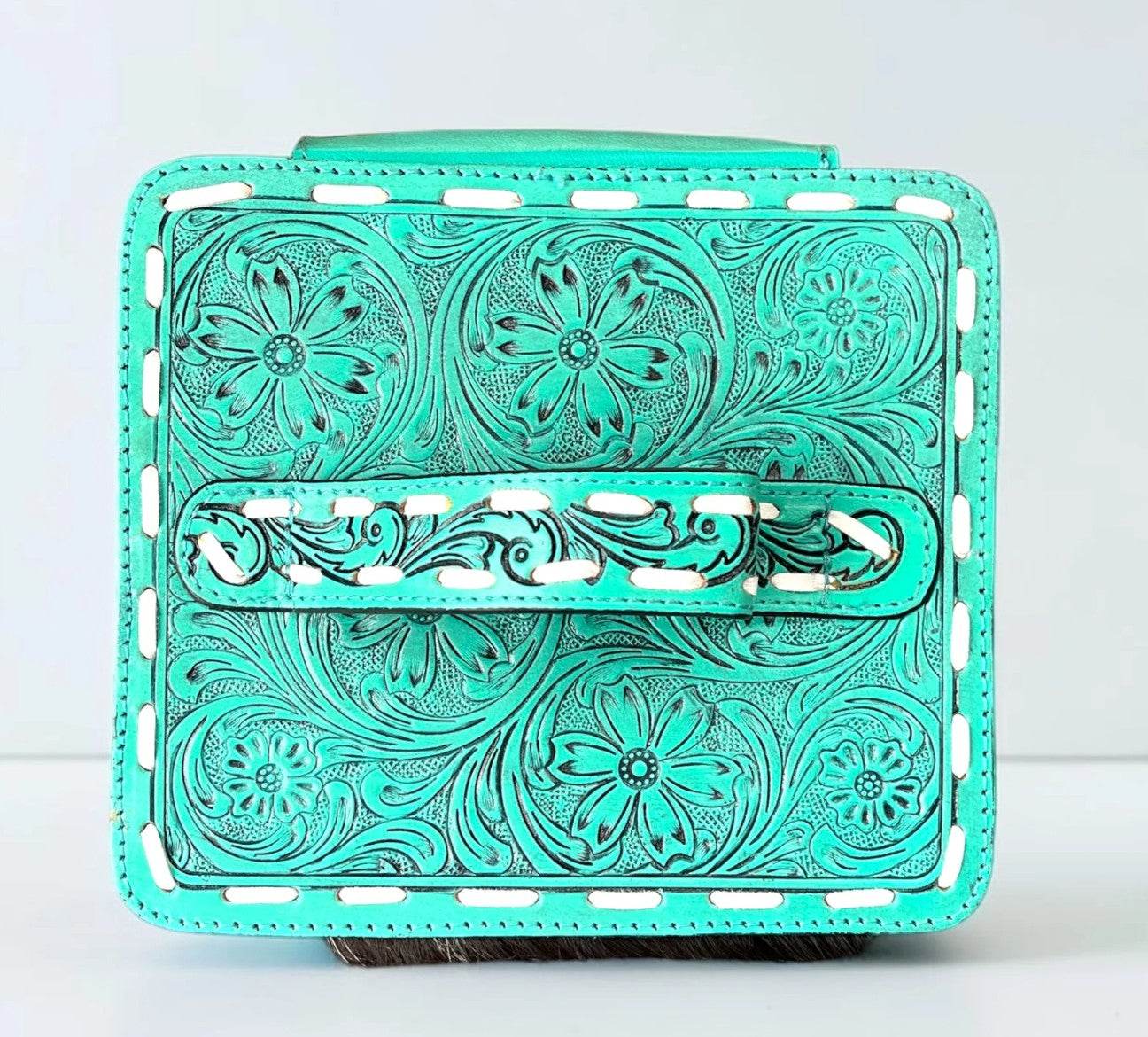 Turquoise tooled leather and cowhide makeup box with western style design