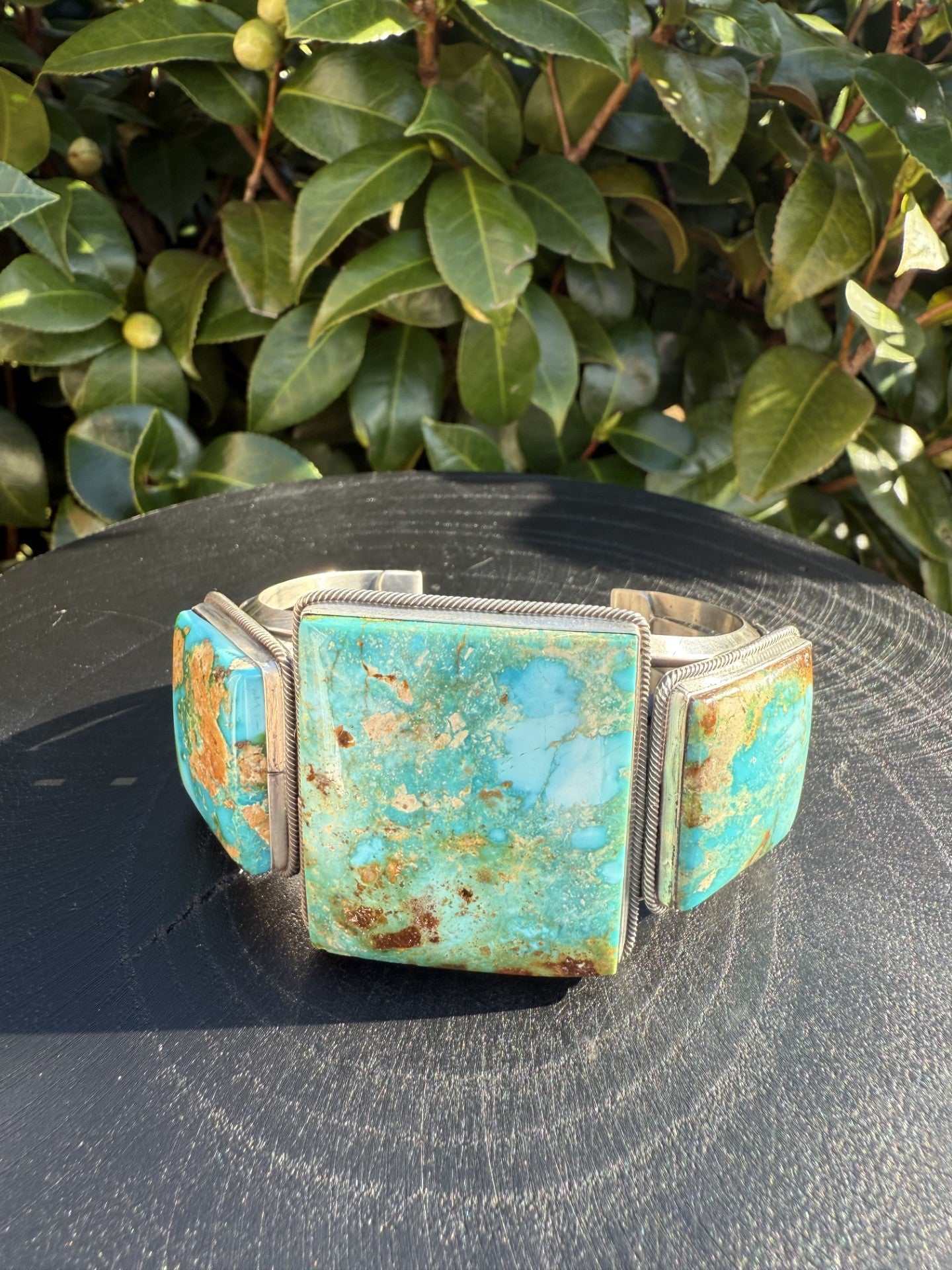 Sonoran Gold Turquoise cuff bracelet with silver detailing by Navajo artist Freddie Maloney