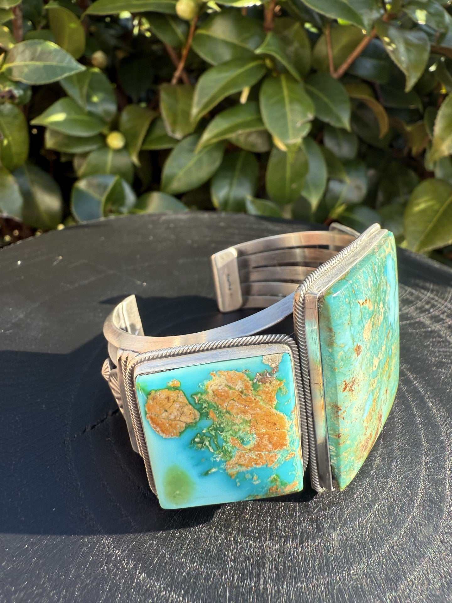 Sonoran Gold Turquoise cuff-bracelet with silver Navajo design by Freddie Maloney
