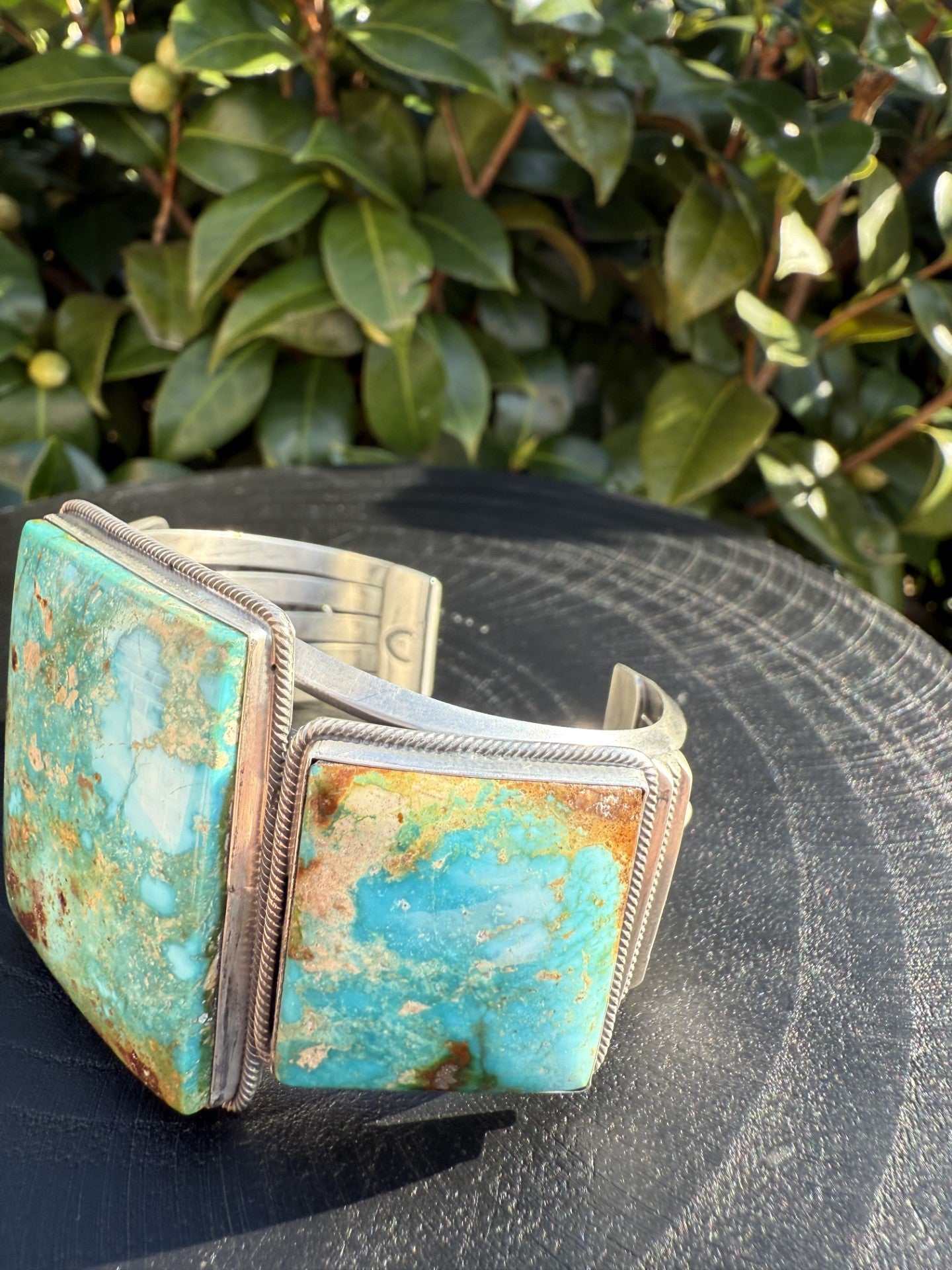 Sonoran Gold Turquoise cuff bracelet by Navajo artist with silverwork and large turquoise stones