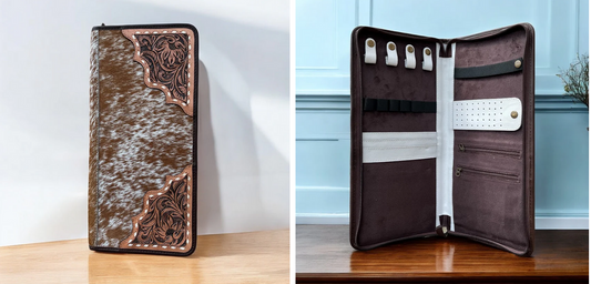 Squash blossom cowhide wallet with intricate tooling for organized jewelry storage.
