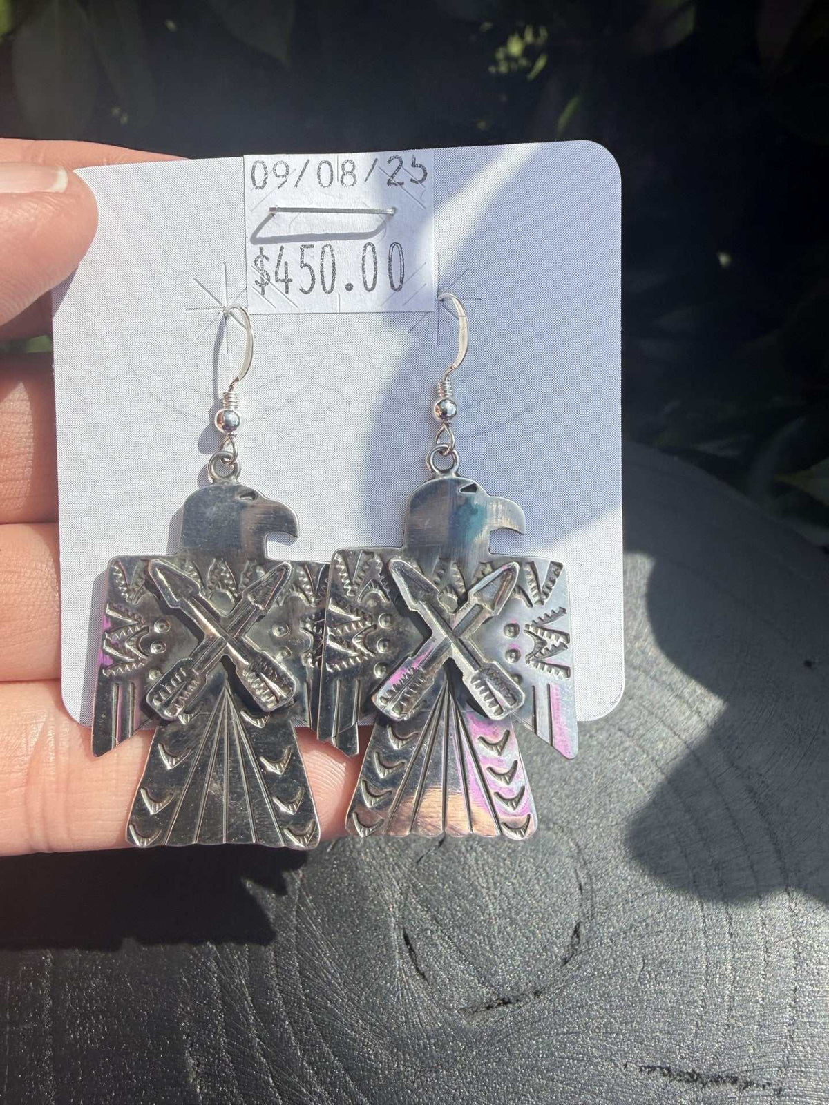 Thunder Bird Earrings signed on back, 2.25 inches long, 1 inch wide