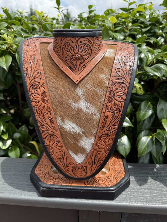 Medium Tan Brown tooled leather and brown-white cowhide necklace display organizer