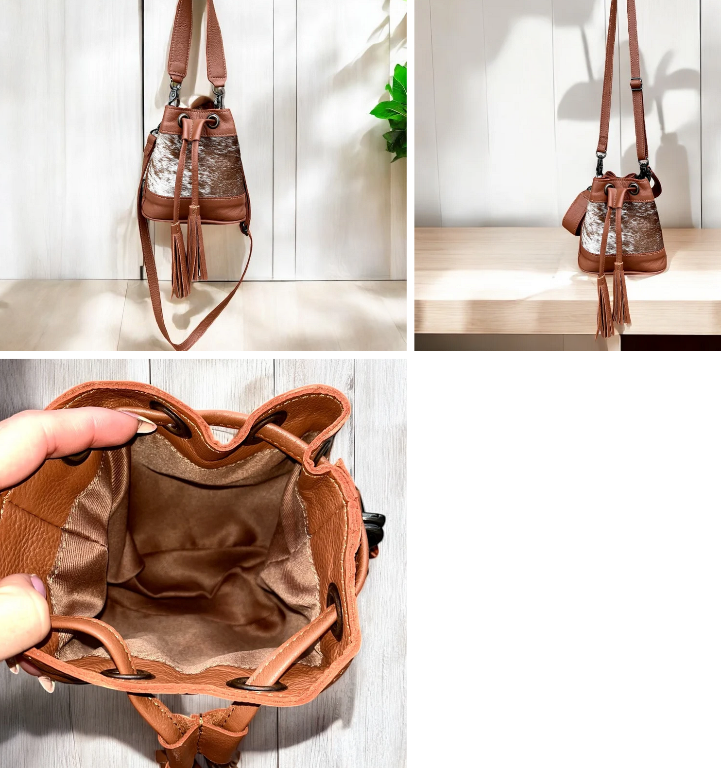 Tan cowhide and leather drawstring crossbody kids bag with spacious interior and unique pattern.