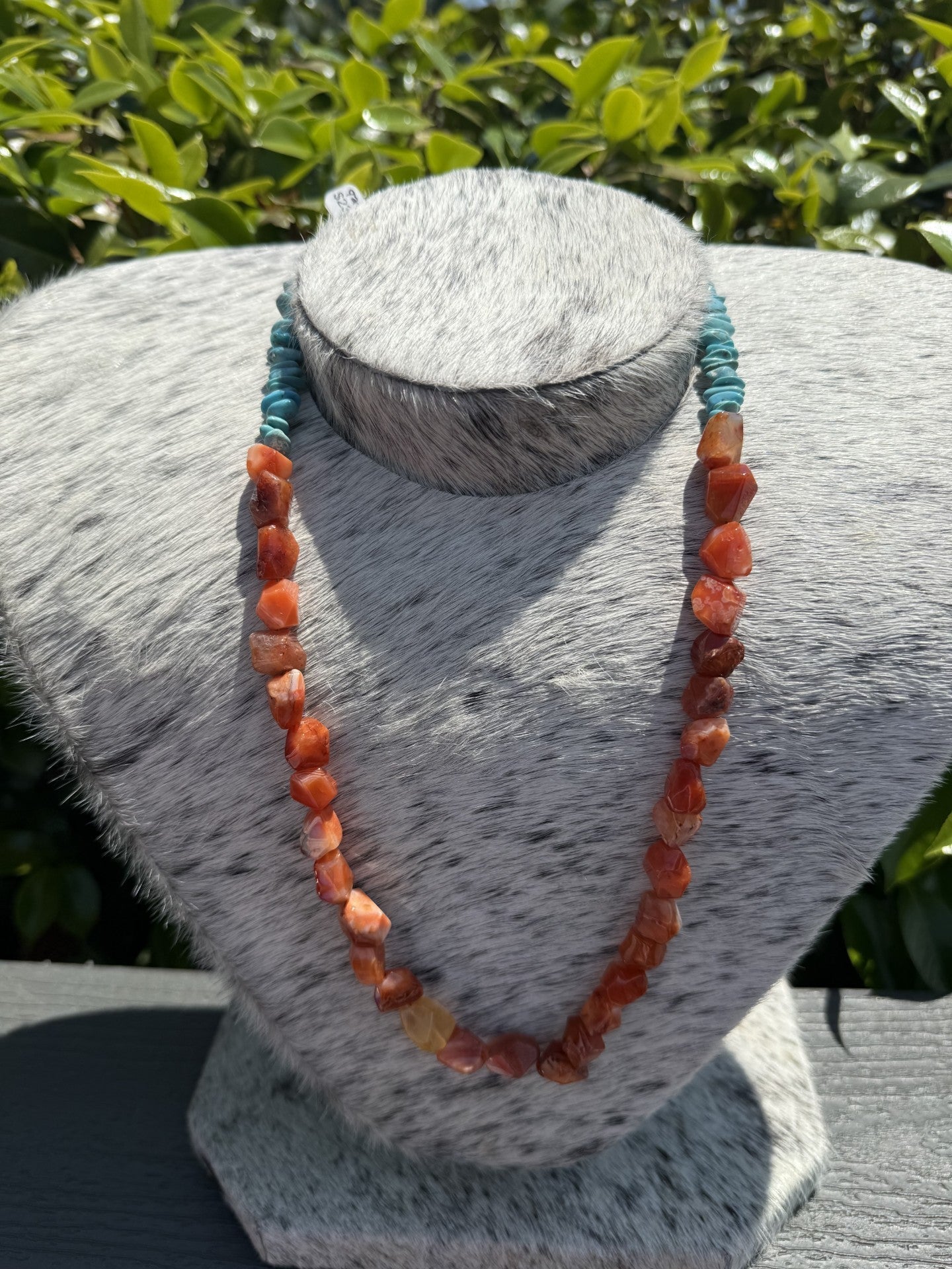 Turquoise and carnelian stone necklace with blue and orange beads, 24 inches long