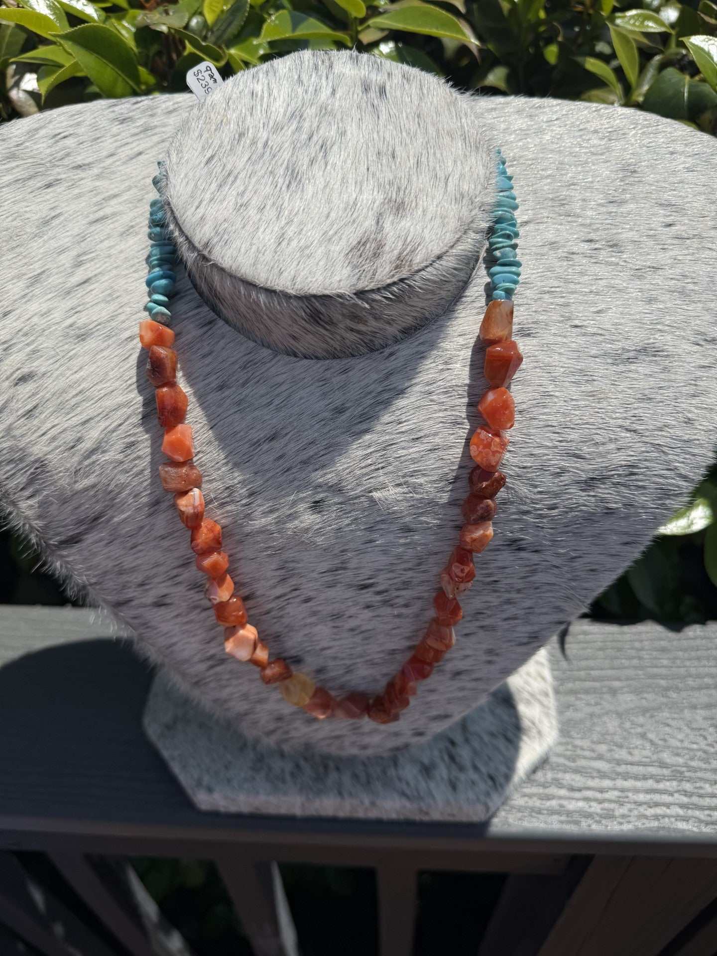 Turquoise and carnelian stone necklace with blue and orange stones, 24 inches long