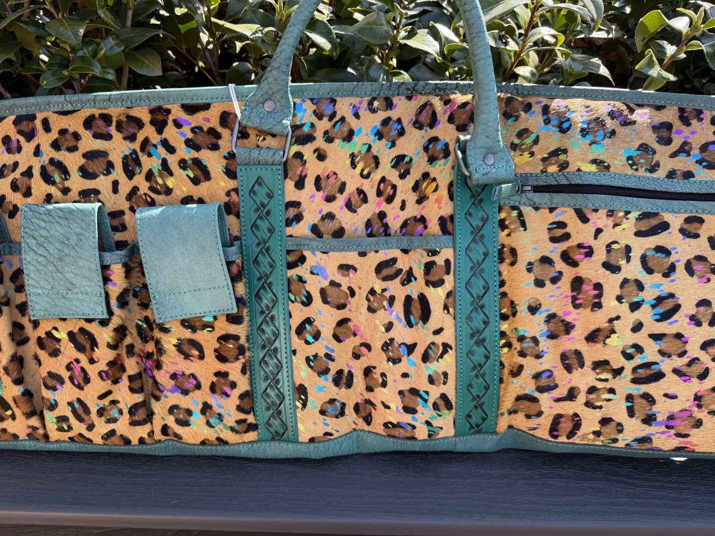 Tooled and cheetah print hide leather rifle case with patchwork design and magazine compartment