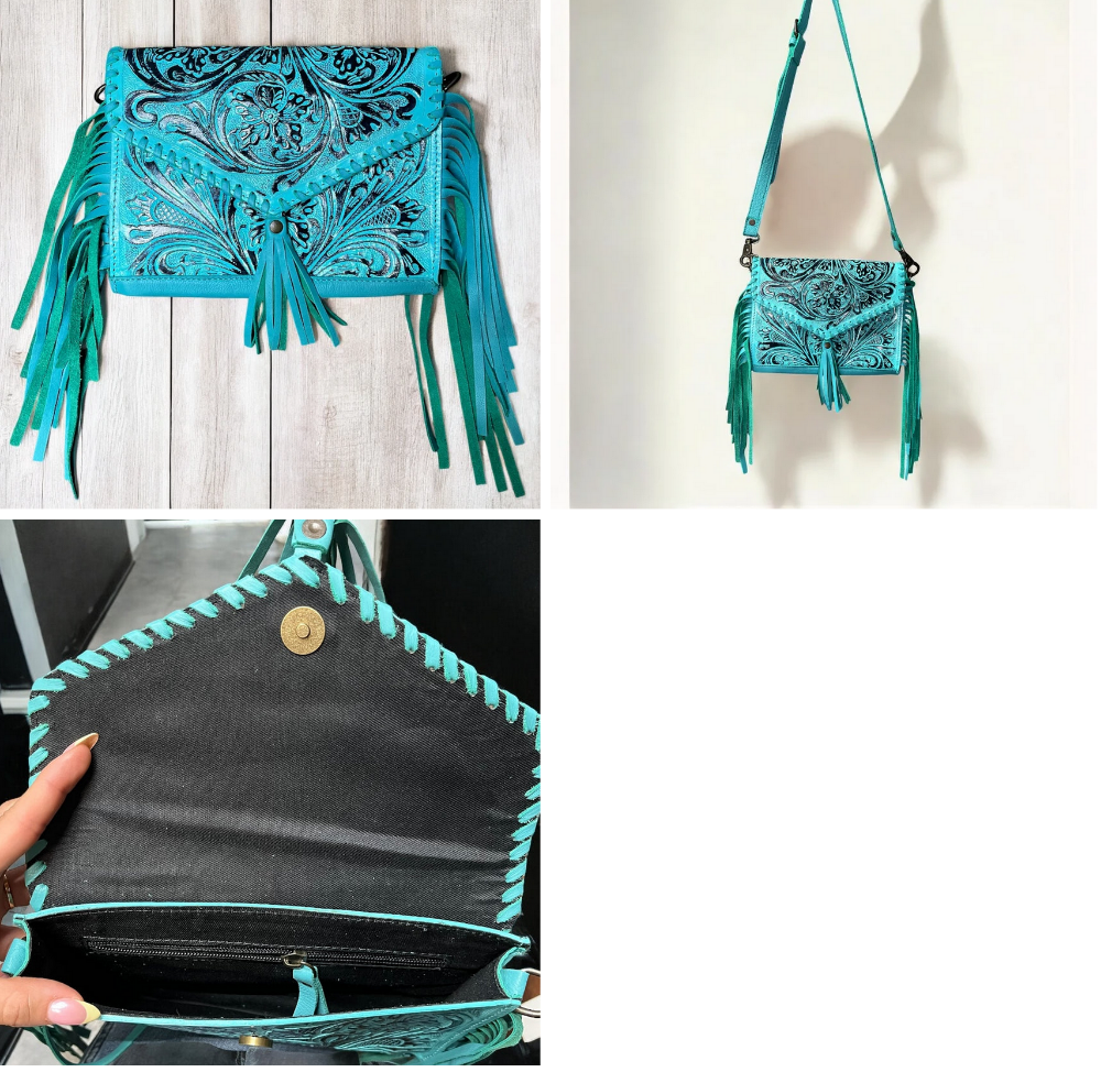 Turquoise hand tooled crossbody bag with fringe detailing and adjustable strap.