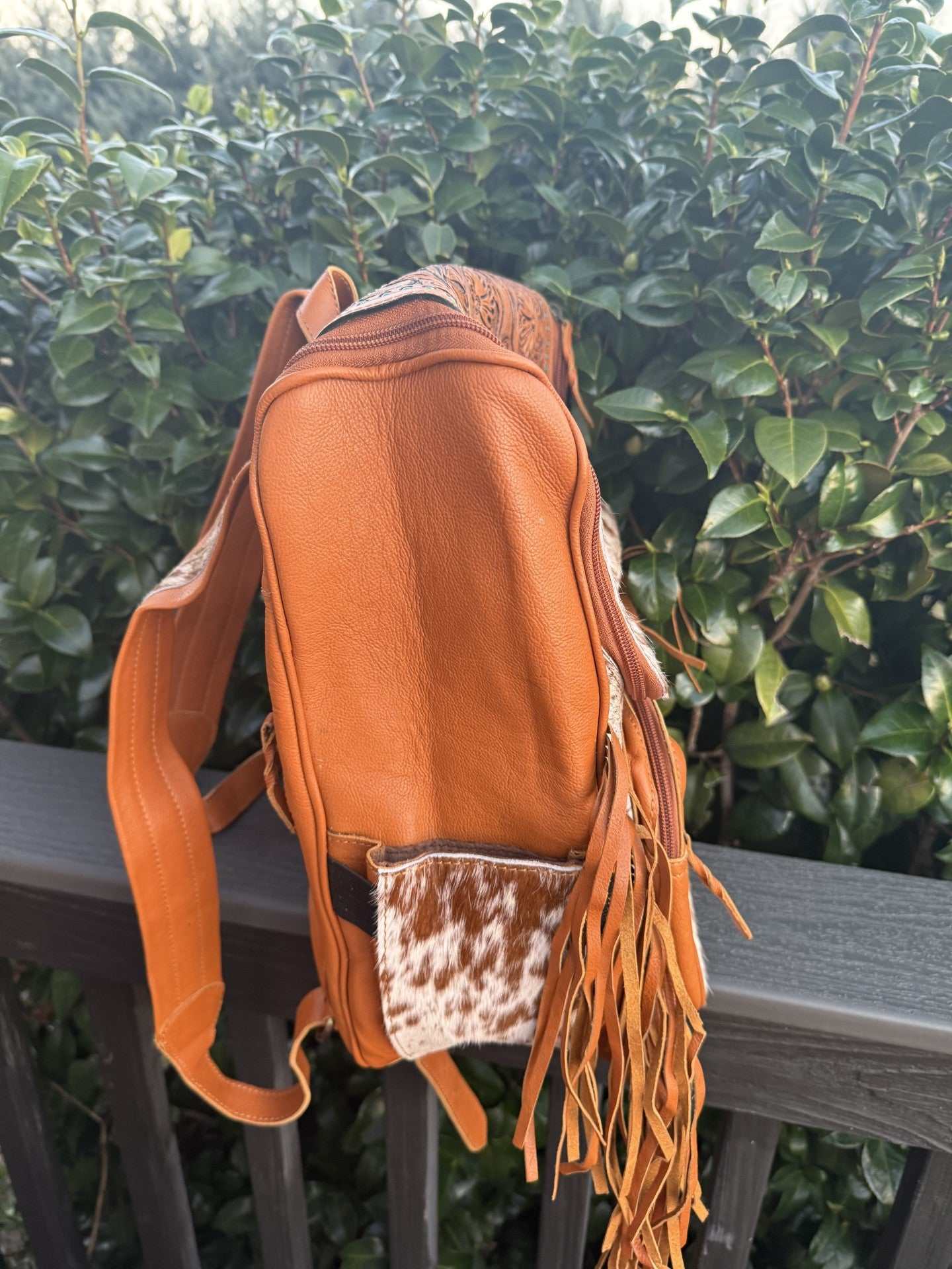 Yellow tooled leather & cowhide fringe backpack- Stylish & Durable
