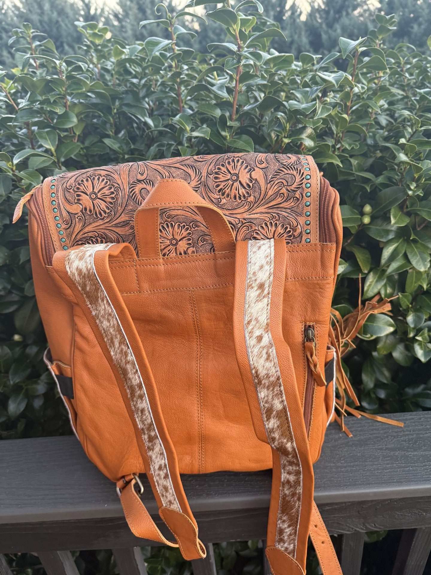Yellow tooled leather & cowhide fringe backpack- Stylish & Durable