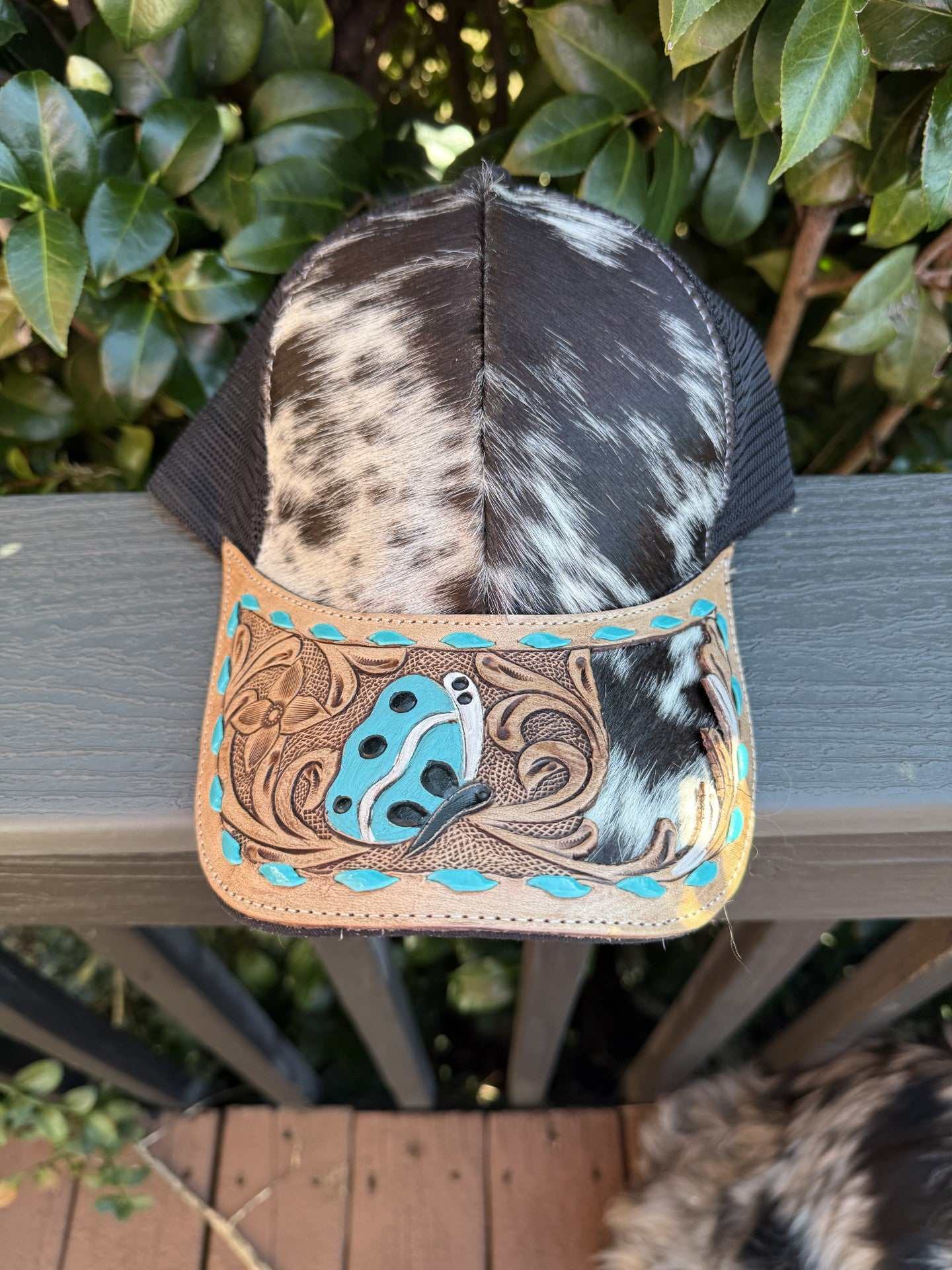 Cowhide Tooled Blue Butterfly Cap with black and white cowhide and tooled leather brim featuring blue butterfly design