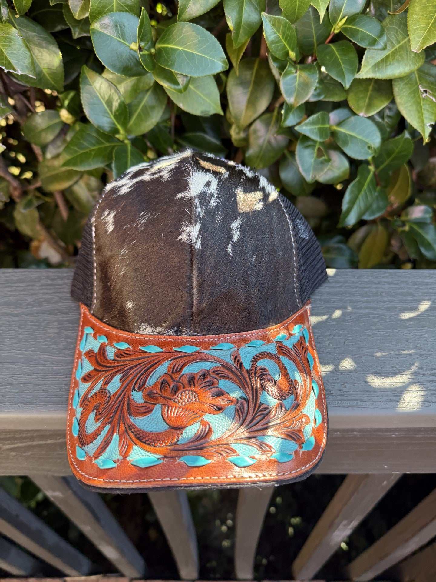 Cowhide tooled all turquoise floral western leather cap with adjustable strap