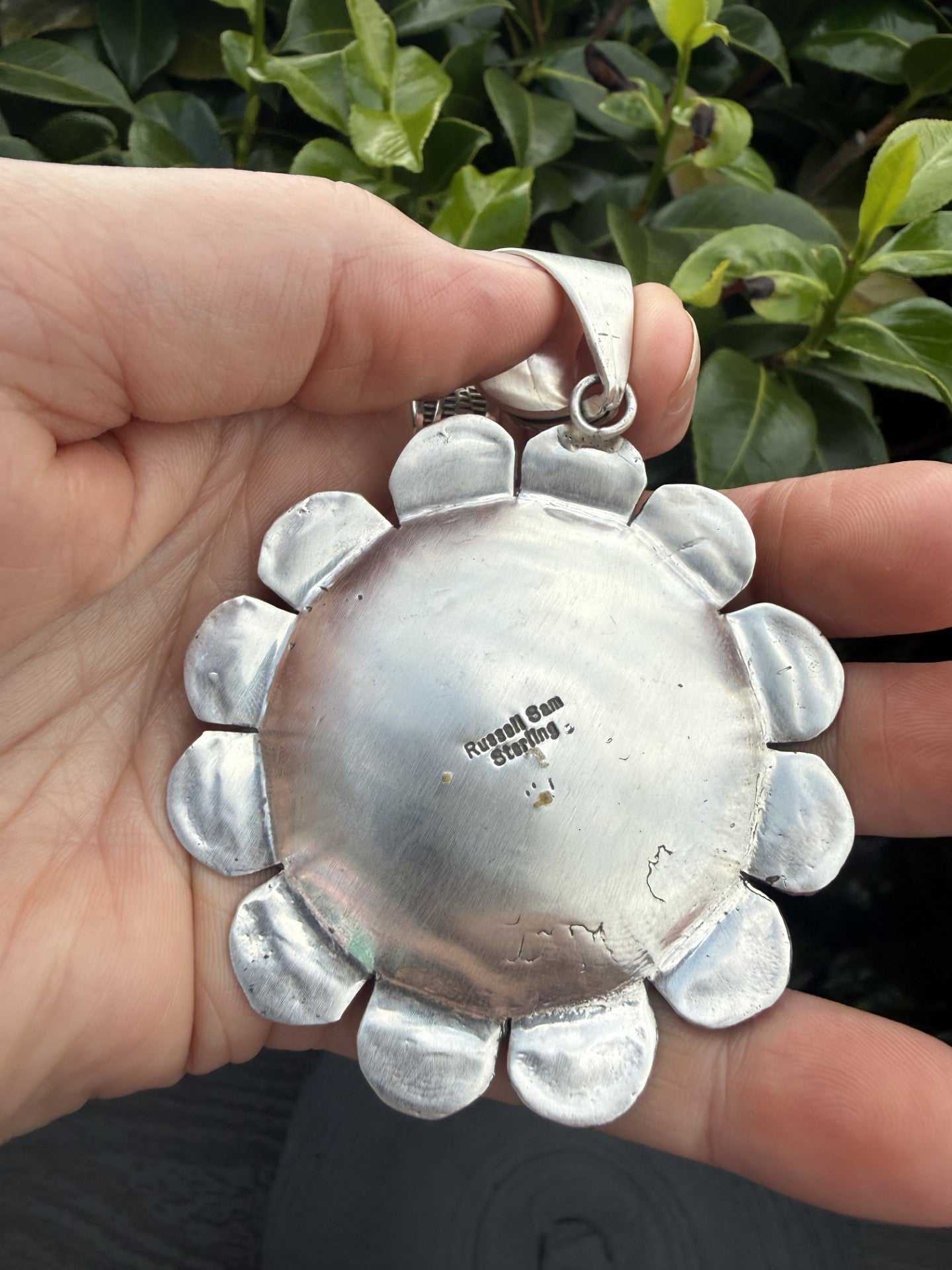 Bee pendant with sterling silver, brass, and Sonoran Gold Turquoise by Navajo silversmith Russell Sam