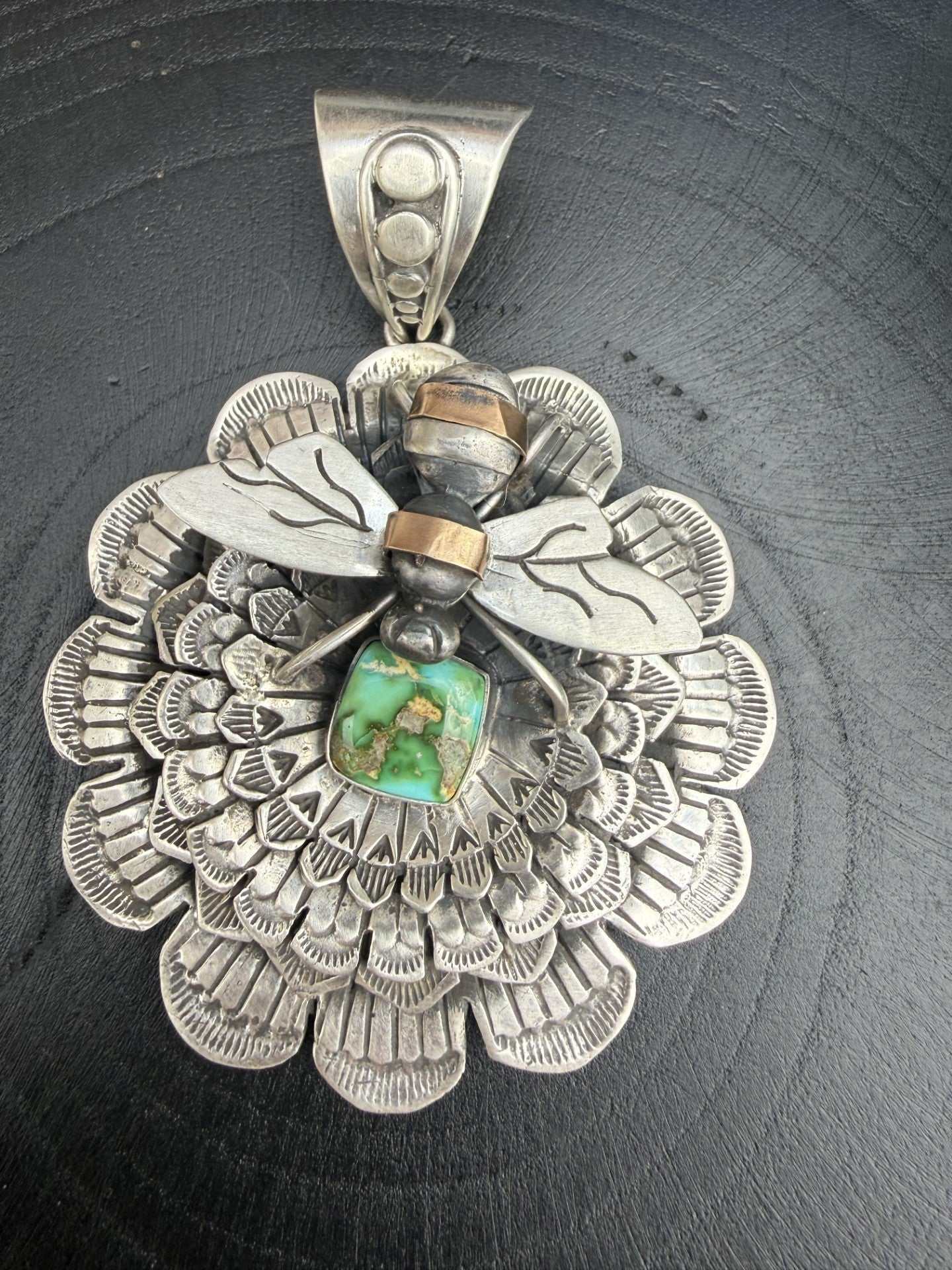 Bee pendant with sterling silver, brass, and Sonoran gold turquoise by Navajo silversmith Russell Sam