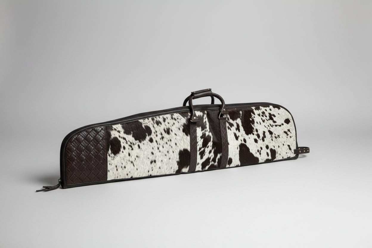Tooled and Hide leather rifle case with patchwork design and magazine compartment, 48-inch travel and storage solution