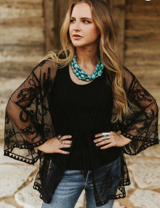 Black Western Embroidered Lace Tie-Front Kimono in sheer black lace with floral embroidery and flowing bell sleeves