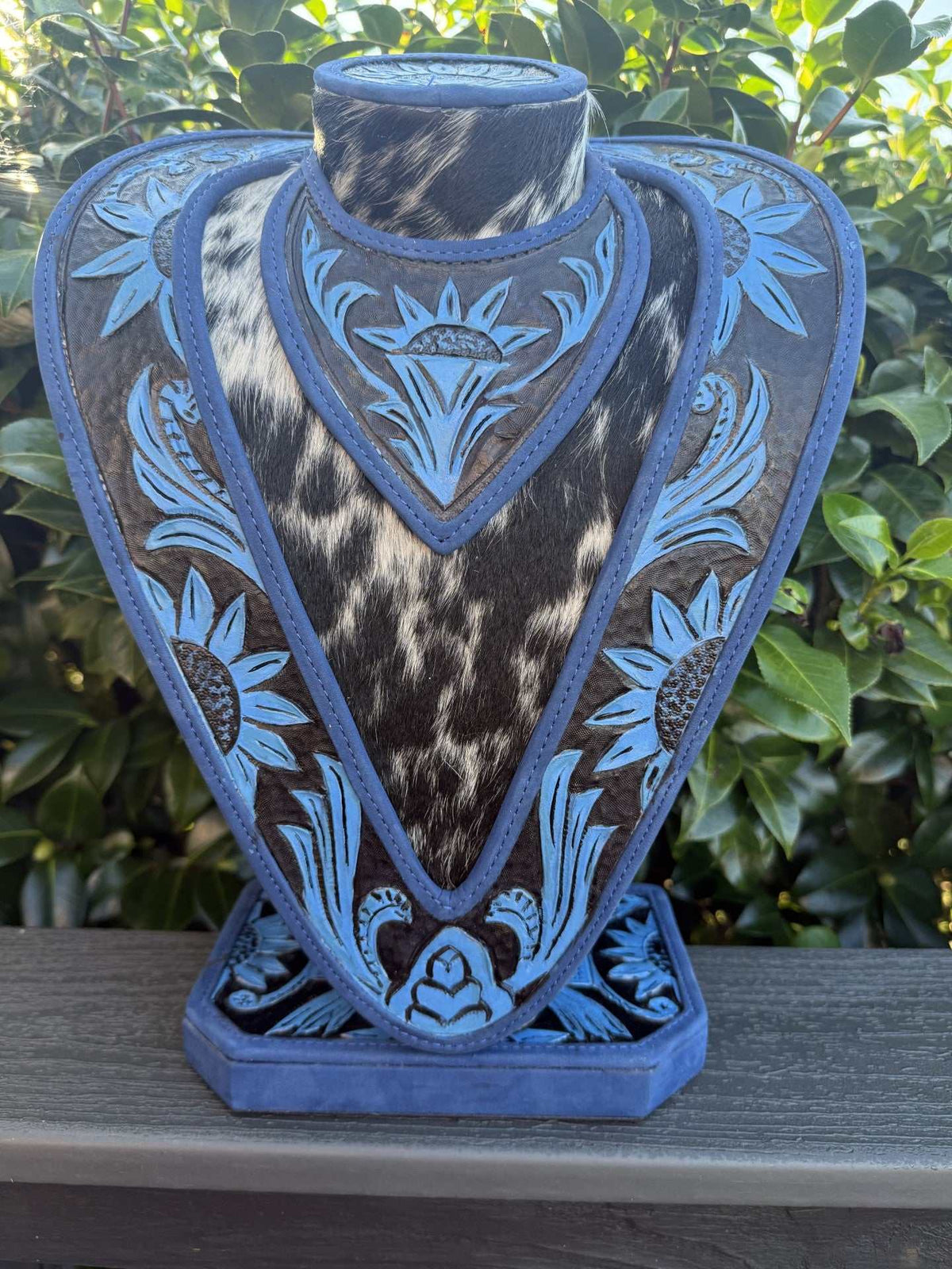 Necklace Display- Blue Hand tooled Leather and Cowhide