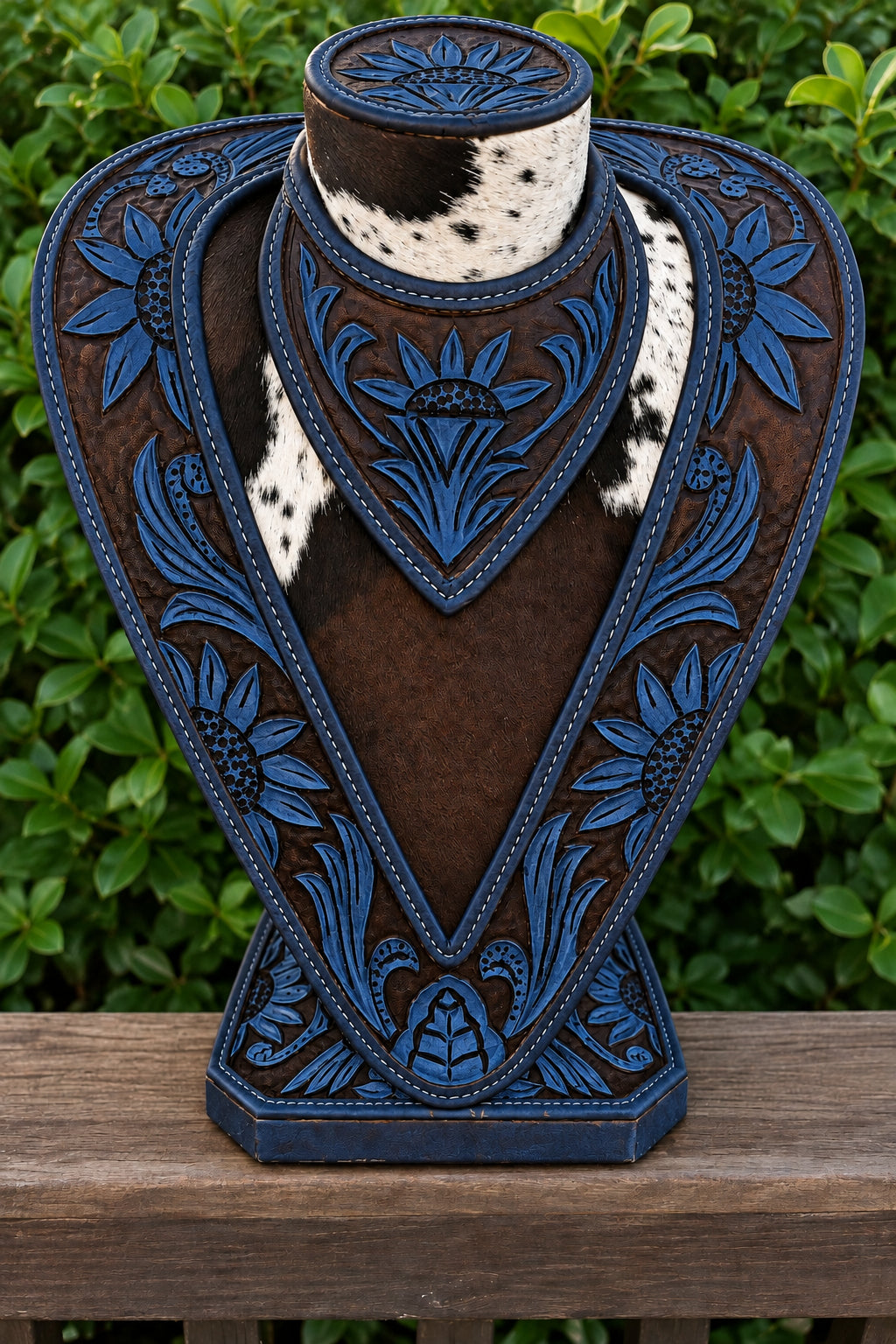 Necklace Display- Blue Hand tooled Leather and Cowhide