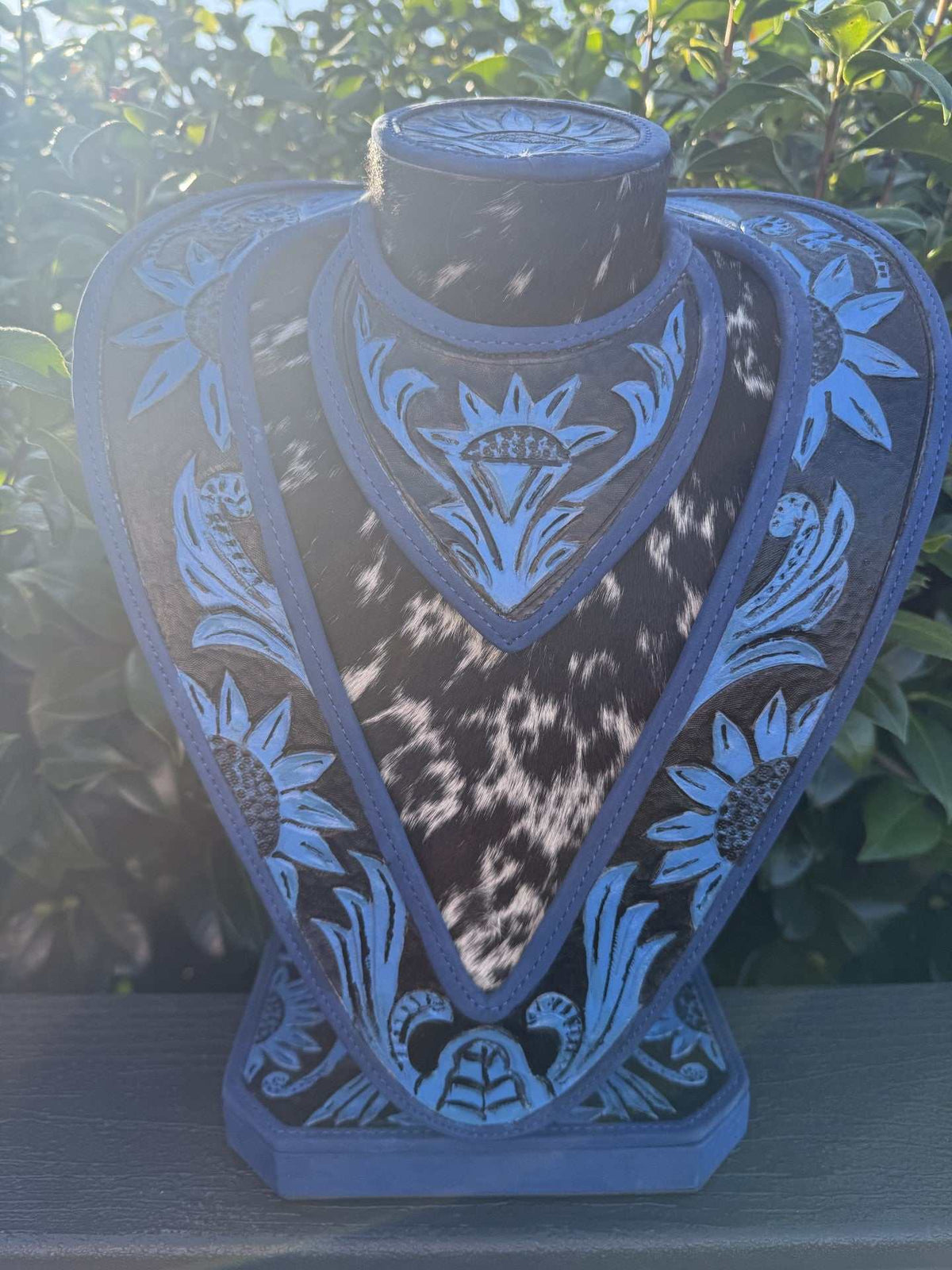 Necklace Display- Blue Hand tooled Leather and Cowhide