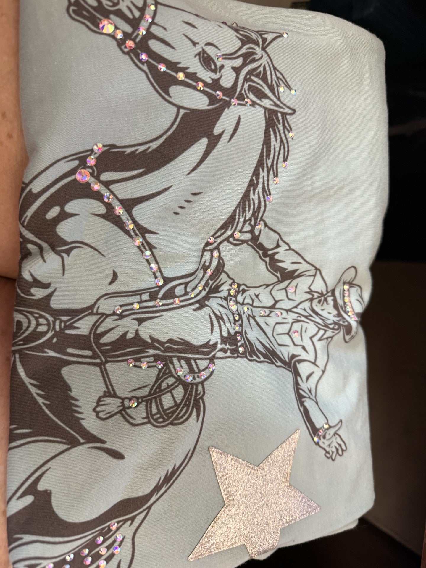 Dust blue Buckin' Broncos T-shirt with star and crystals, 100% cotton XL