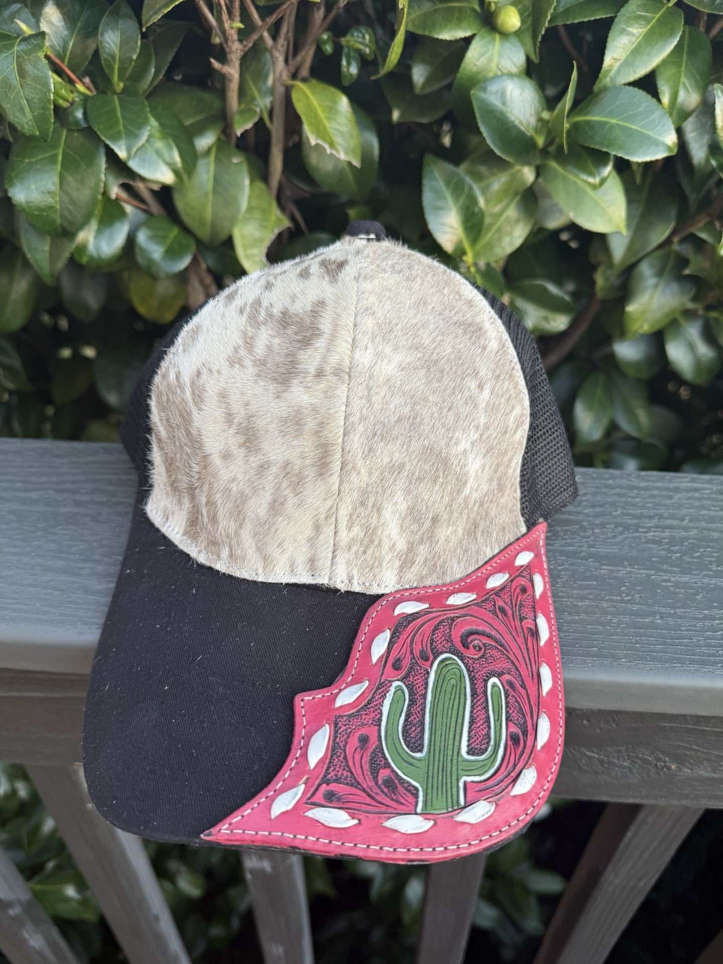 Cowhide half tooled pink cactus cap with adjustable strap and Western design