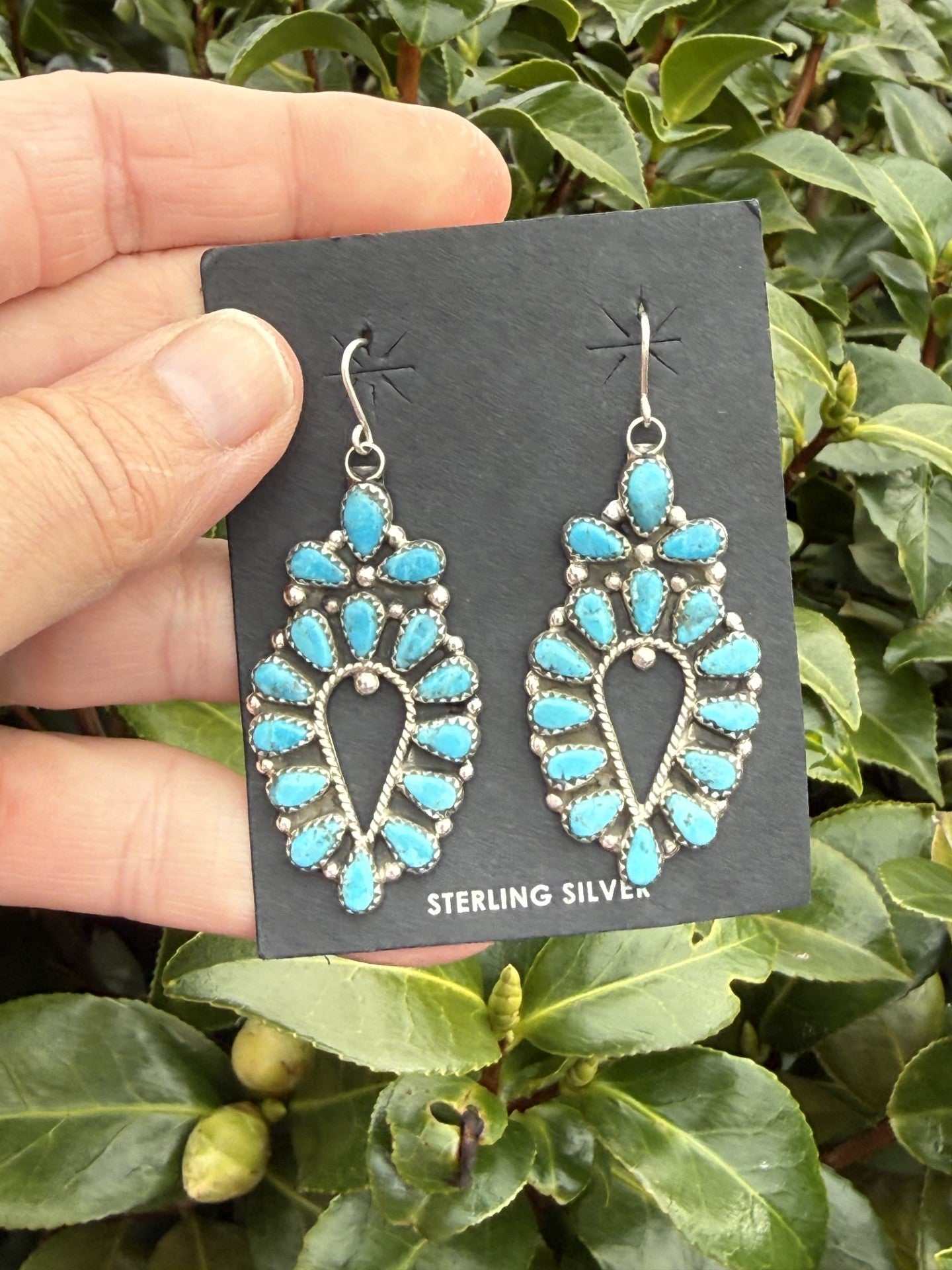 Turquoise cluster earrings with sterling silver setting by Violet Nez against green leaves background