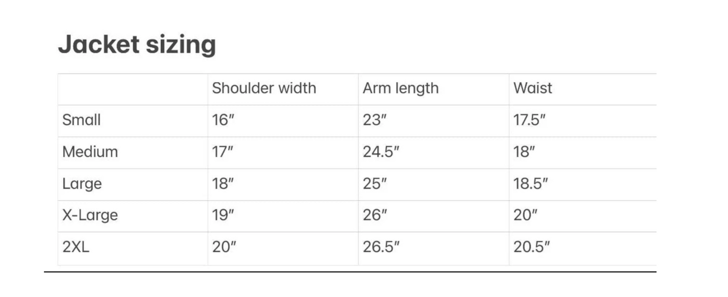 Brown cowhide jacket with fringe sizing chart showing measurements for small to 2XL sizes