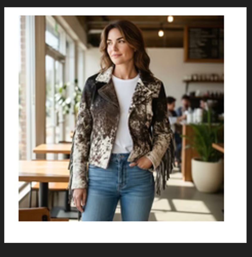 Woman wearing brown cowhide jacket with fringe in casual cafe setting