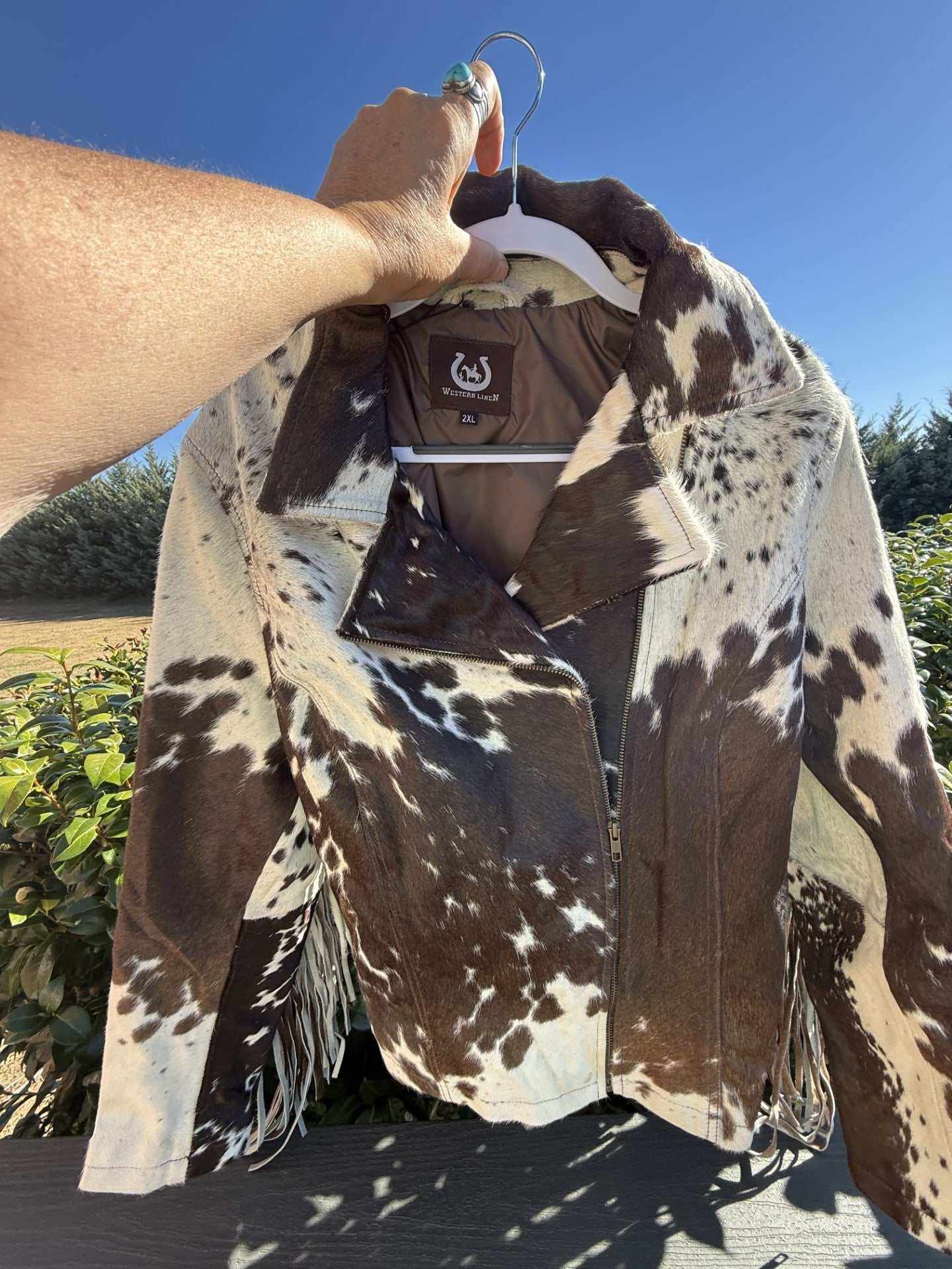 2XL brown cowhide jacket with fringe, stylish leather coat with unique cowhide pattern