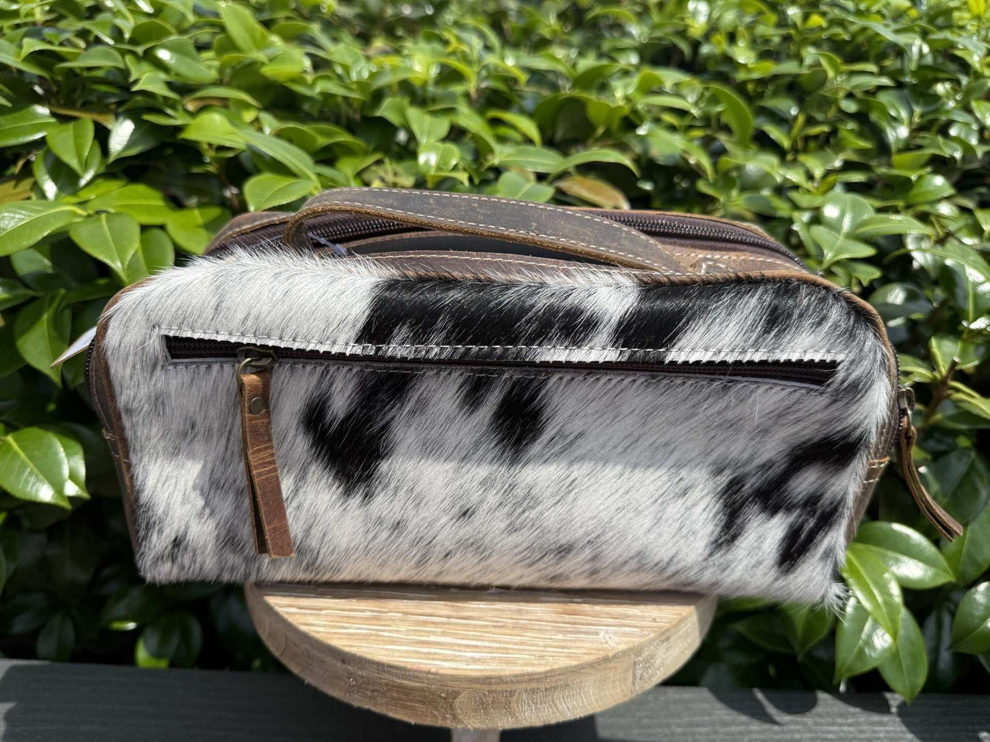 Cowhide and Tooled Toiletry Bag with double zipper and Western design for travel and grooming essentials