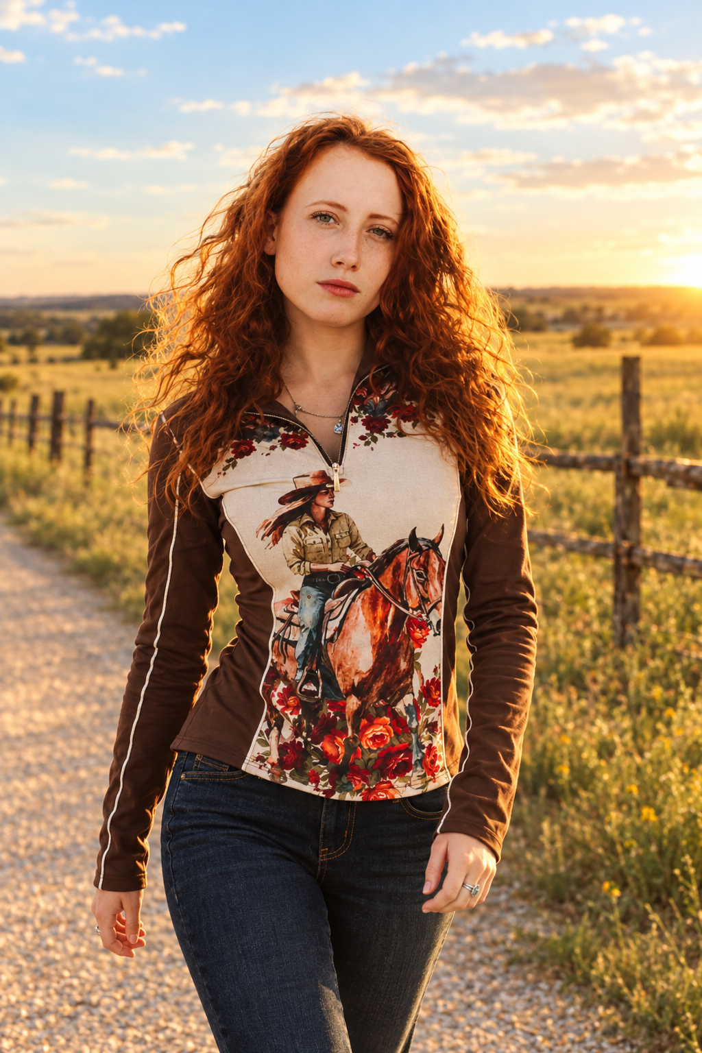 Cowgirl Horse Floral Printed quarter zip top in cream and brown with long sleeves, piping, and cowgirl, horse, and floral artwork