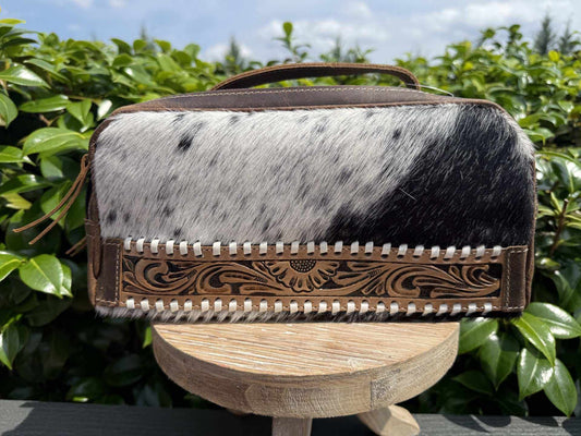 cowhide leather tooled toiletry bag with western design
