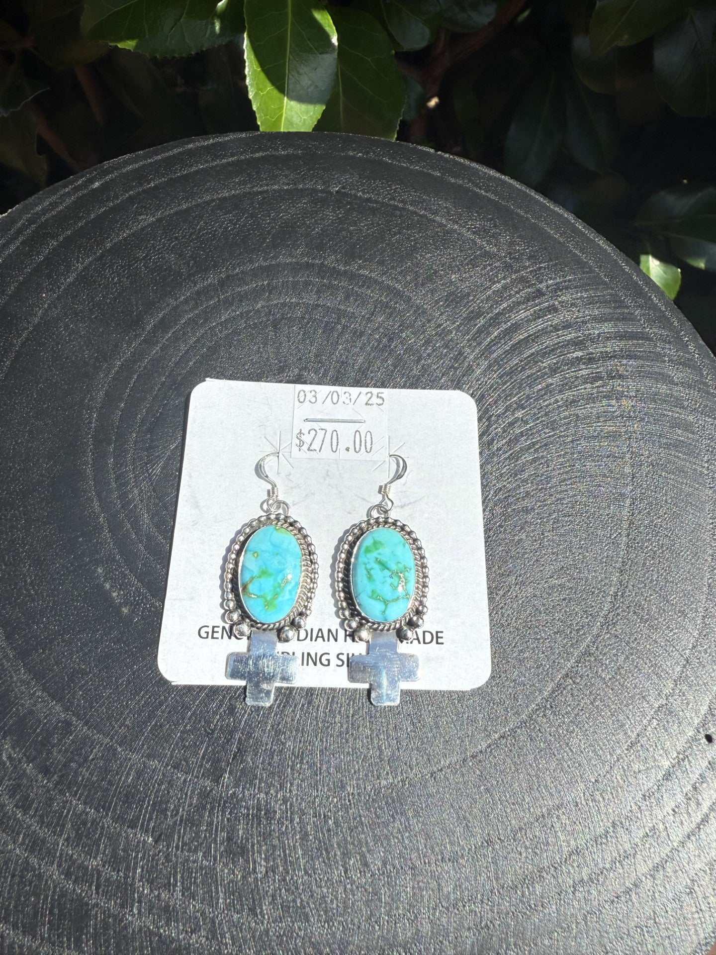 Handcrafted Navajo sterling silver Sonoran Turquoise Earrings with blue-green turquoise and cross dangles