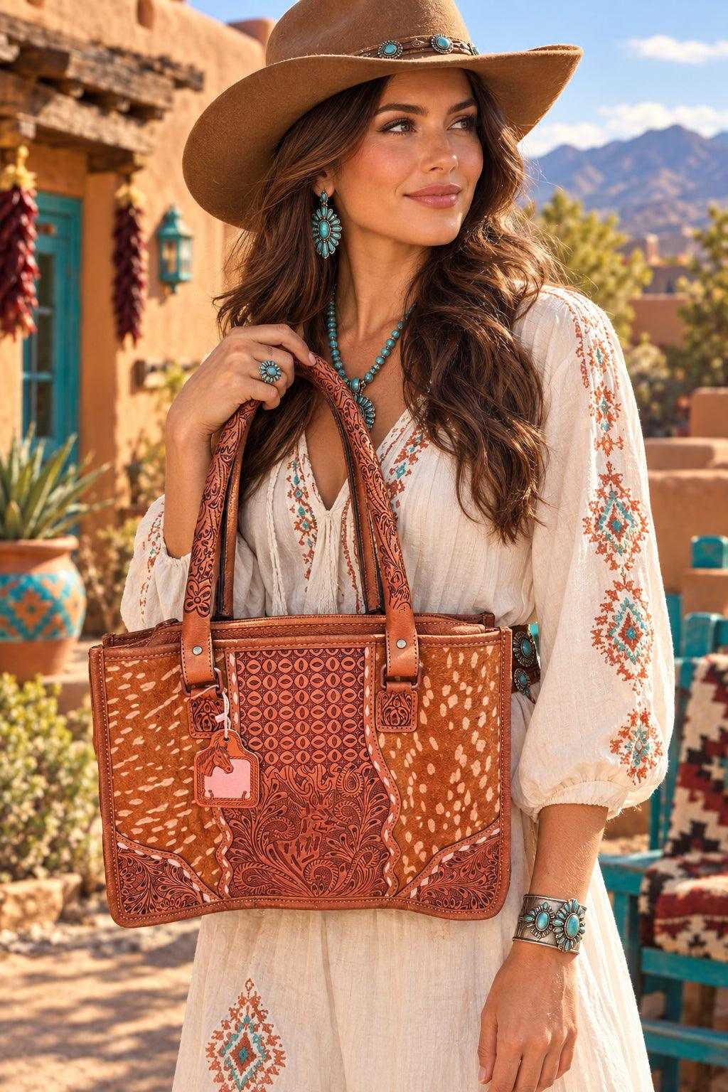 Deer tooled leather tote bag in warm brown with embossed floral panels, patterned sides, and sturdy leather handles