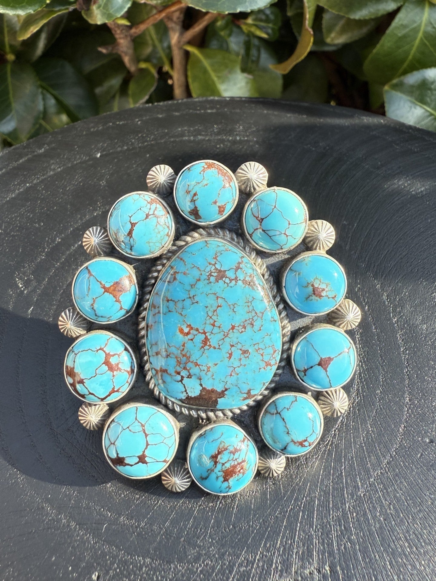 Egyptian turquoise ring with multiple blue stones and brown matrix by Freddie Maloney, size 10, 2 1/4 inches long by 2 inches wide