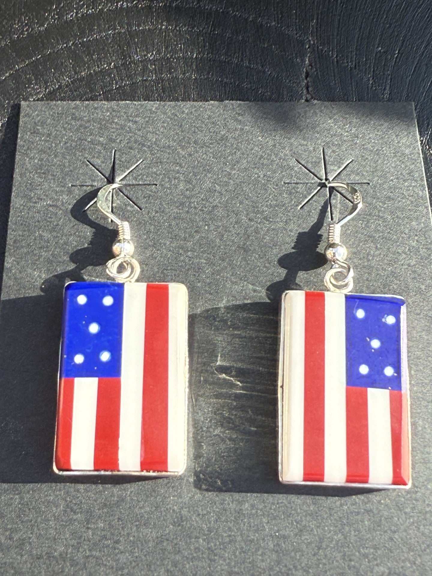 Calvin Desson American Flag Earrings with vibrant red, white, and blue multi-stone design, 1 1/3 inch long