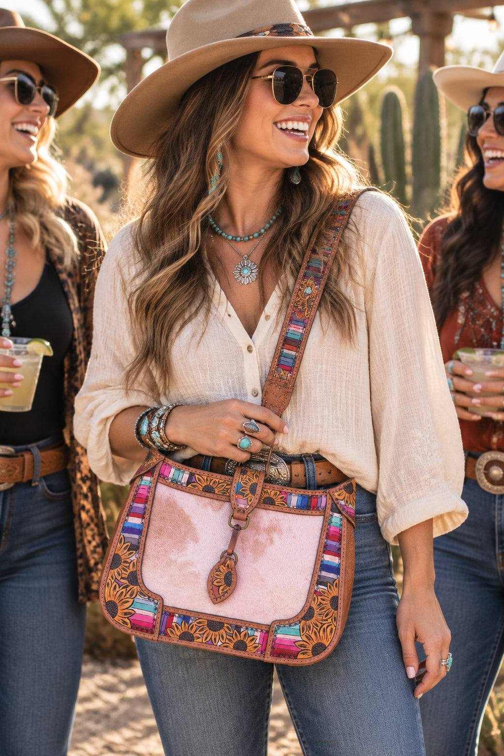 Shoulder bag featuring Floral tooled leather trim, pale pink panels, colorful woven edging and a matching strap